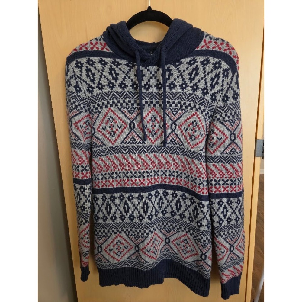American Rag Mens Navy Blue Red Fair Isle Geometric Cotton Knit Hooded Sweater S